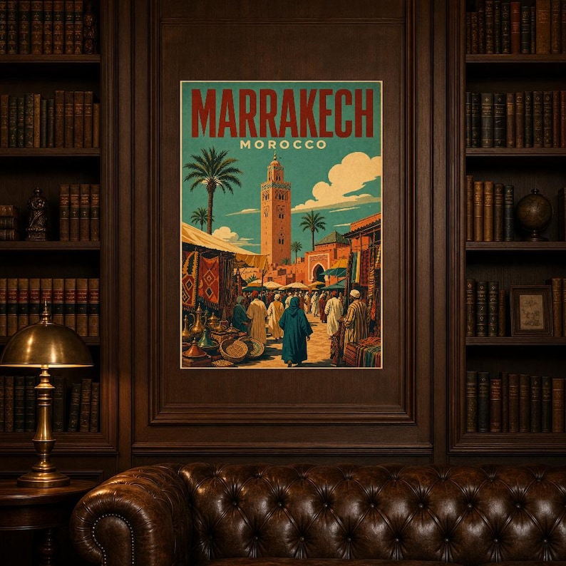 Plakat podróżniczy z Marrakeszu | Druk z targu w stylu vintage | Sztuka ścienna z Maroka | Wydruk i wysyłka zdjęcie 5
