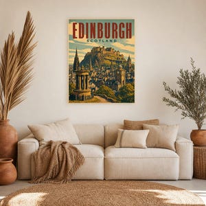 Plakat podróżniczy do Edynburga | Druk zamku w stylu vintage z lat 50. XX wieku | Reprodukcja ścienna w stylu retro Szkocji | Wystrój miasta zdjęcie 7