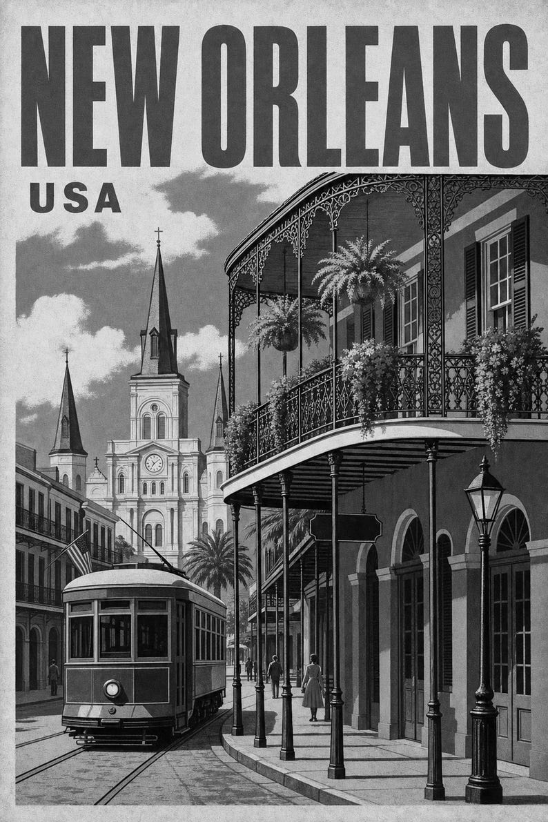 New Orleans Travel Poster | Vintage 1950s French Quarter Print | Retro Louisiana Wall Art Print | Mid Century City Decor image 10