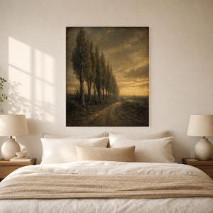 Moody Country Lane Pappelbäume Wandkunstdruck | Vintage Ölgemälde Druck | Golden Horizon Tonalistisches Dekor | Antikes Wegposter Bild 7