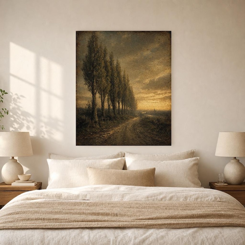 Moody Country Lane Pappelbäume Wandkunstdruck | Vintage Ölgemälde Druck | Golden Horizon Tonalistisches Dekor | Antikes Wegposter Bild 7