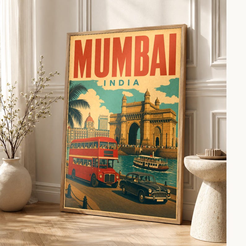 Poster di viaggio di Mumbai | Stampa vintage del portale | Arte murale indiana | Stampato e spedito immagine 1