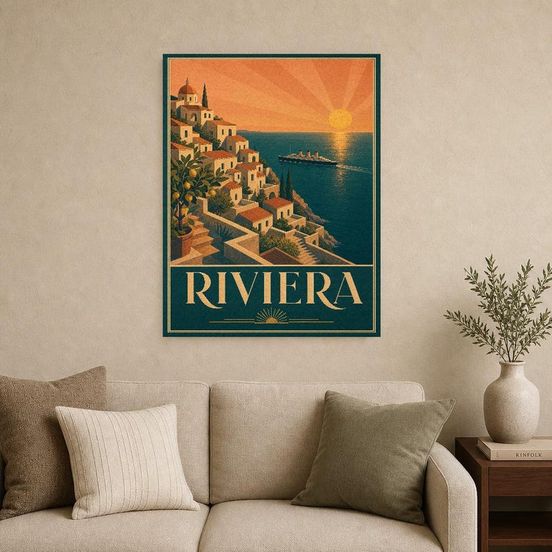 Teal Art Deco Travel Wall Art | Amalfi Riviera Poster | Coastal Gallery Print image 9