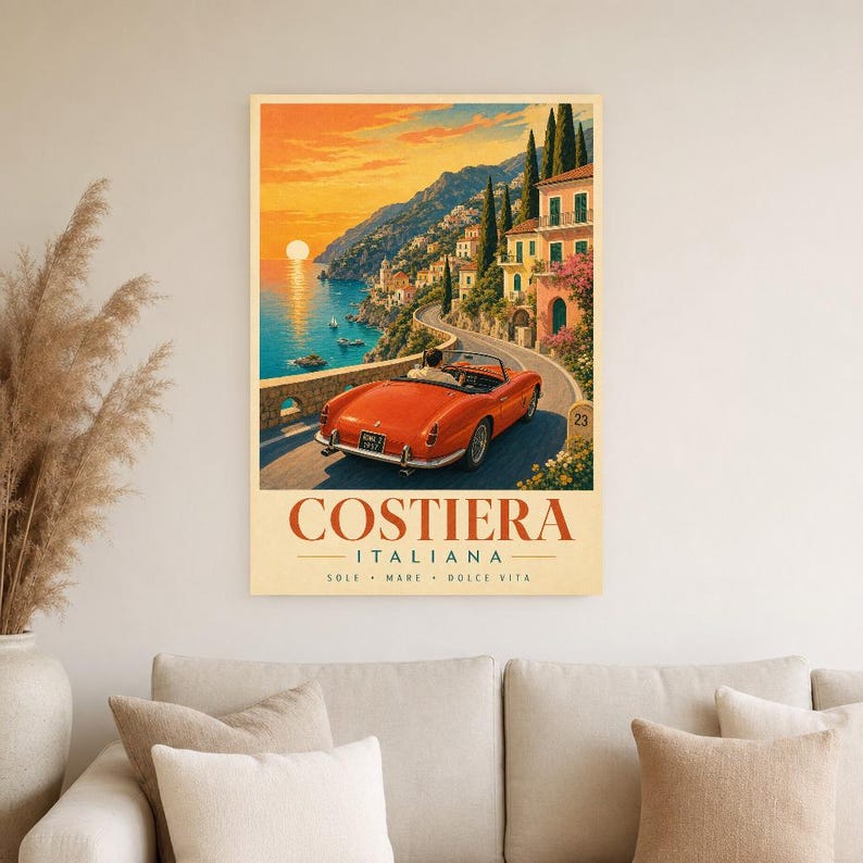 Vintage Car Wall Art Print | Italian Coast Road Trip Poster | Riviera Convertible Print | Dolce Vita Sunset Decor | Mediterranean Travel Art image 4