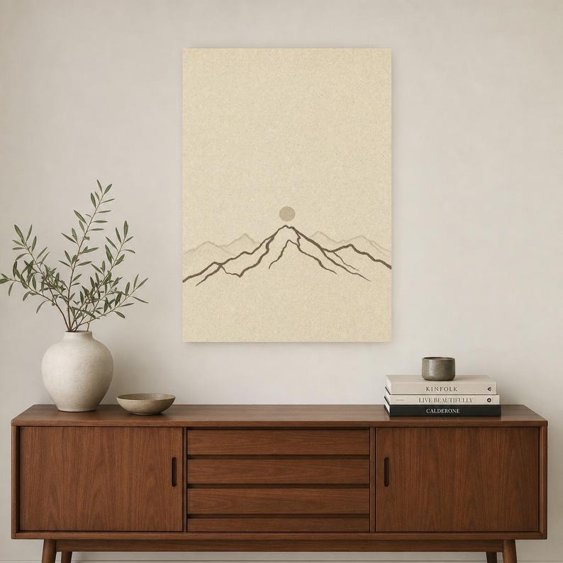 Neutral Gallery Wall Set Japandi Wall Art Print | Sand Beige Mountain Line | Wabi Sabi Minimal Print image 2