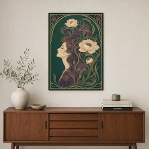 Art Nouveau Wall Art Print | Woman with Iris Flowers Poster | Modern New Botanical | Jade Plum Ivory Elegant Wall Decor image 2
