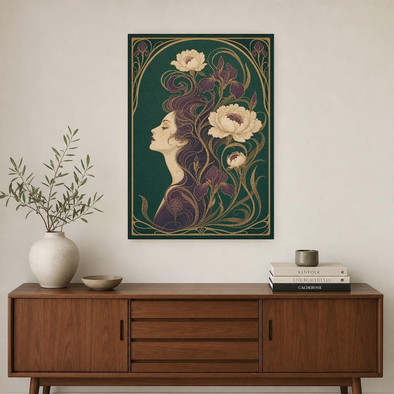 Art Nouveau Wall Art Print | Woman with Iris Flowers Poster | Modern New Botanical | Jade Plum Ivory Elegant Wall Decor image 2