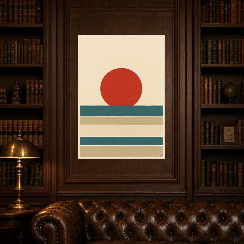 Tomato Red Sun Nordic Lake Wall Art Print | Minimalist Sun Poster | Cut-Paper Mid-Century Print | Gray Blue Scandi Decor image 5