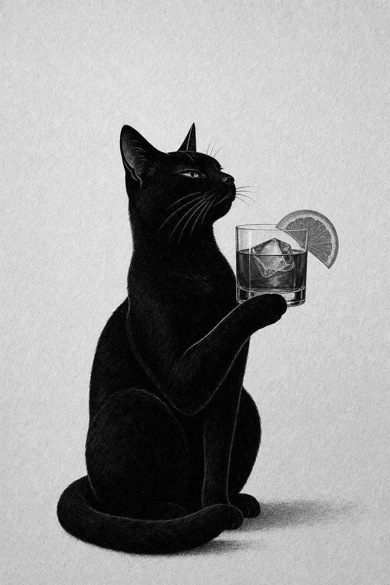 Black Cat Negroni Wall Art Print | Orange Slice Cocktail Poster | Bar Cart Print | Funny Black Cat Club Decor image 10