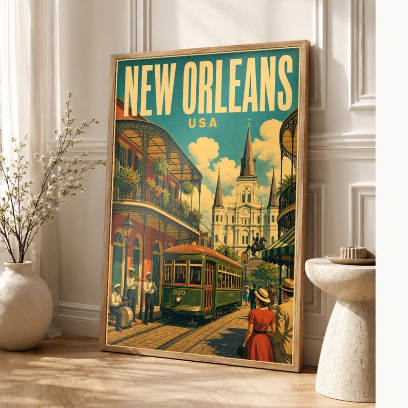 New Orleans Travel Poster | Vintage 1950s French Quarter Print | Retro Louisiana Wall Art Print | Mid Century City Decor image 1