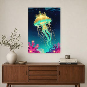 Bioluminescent Jellyfish Poster | Deep Sea Ocean Bathroom Wall Art Print | Dark Coastal Night Print image 3