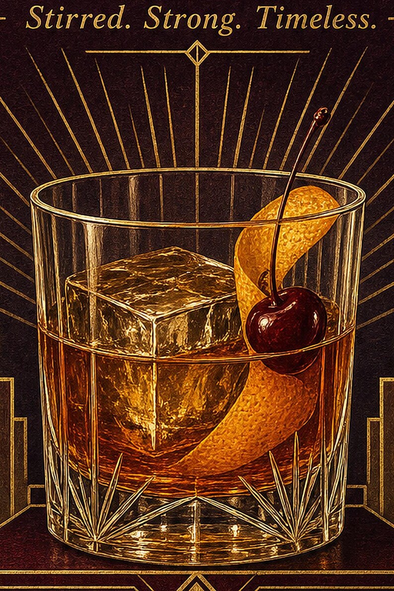 Gold Art Deco Old Fashioned Recipe Wall Art Print | Amber Cocktail Recipe Poster | Bar Cart Decor Print | Kitchen Wall Art image 3
