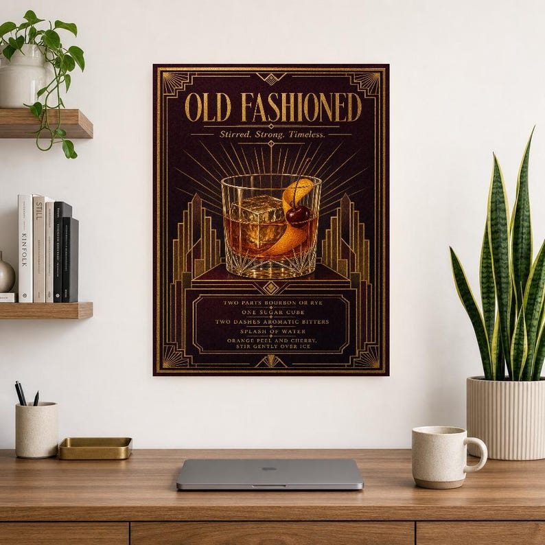 Gold Art Deco Old Fashioned Recipe Wall Art Print | Amber Cocktail Recipe Poster | Bar Cart Decor Print | Kitchen Wall Art image 8