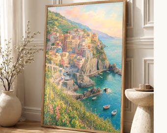 Cinque Terre Travel Poster | Soft Painting Italy Wall Art | Manarola Coastal Print | Printed & Shipped