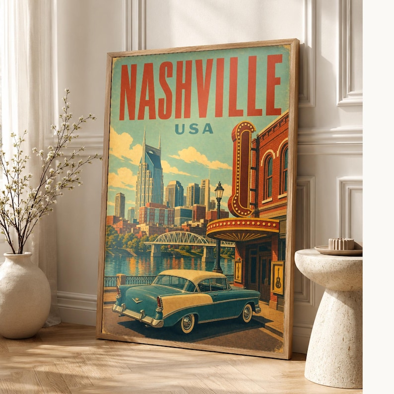 Nashville Travel Poster | Vintage 1950s Music City Print | Retro Tennessee Wall Art | Mid Century City Decor image 1