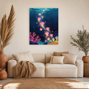 Bioluminescent Jellyfish Poster | Deep Sea Ocean Bathroom Wall Art Print | Dark Coastal Night Print image 8