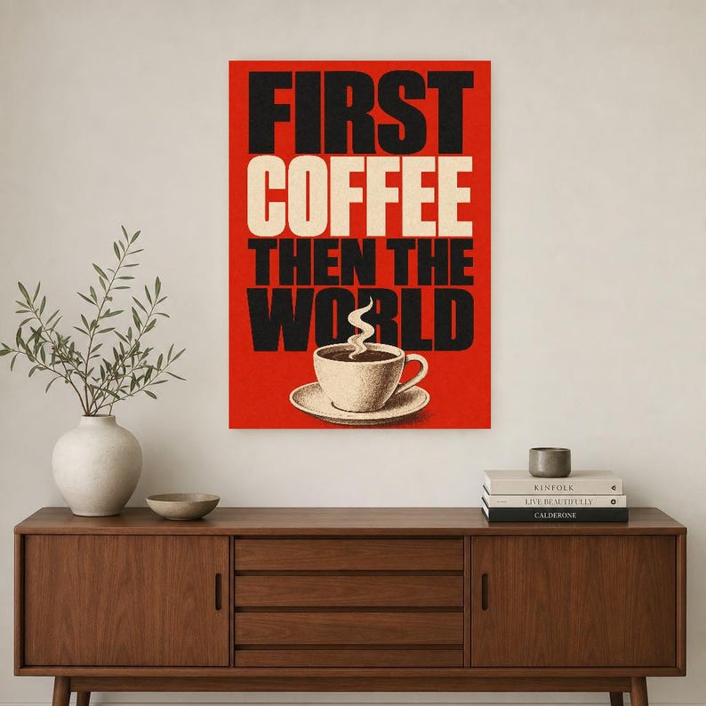 Primero el café y luego el mundo Póster | Impresión de arte de pared tipografía audaz ? Impresión de cotización de cocina ? Regalo divertido imagen 3