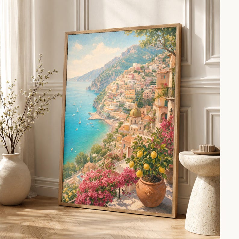 Amalfi Coast Travel Poster | Soft Painting Italy Wall Art | Mediterranean Coastal Print | Printed & Shipped image 1