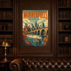 Minneapolis Travel Poster | Vintage Stone Arch Bridge Print | Minnesota Wall Art Print | Mid Century City Decor image 4