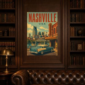 Nashville Travel Poster | Vintage 1950s Music City Print | Retro Tennessee Wall Art | Mid Century City Decor image 5