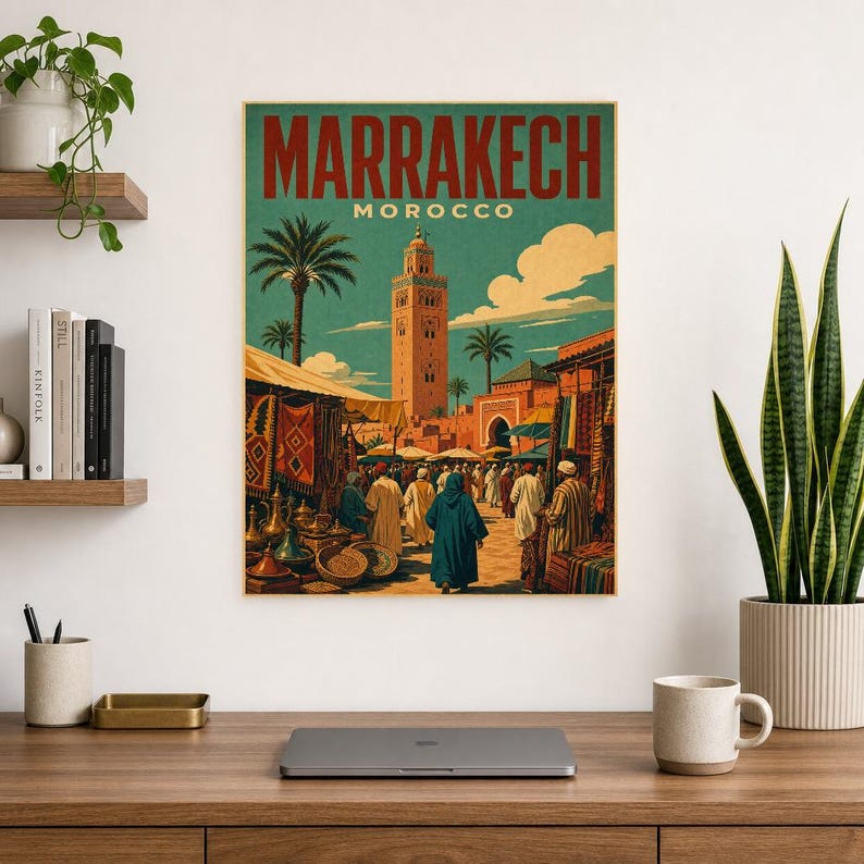 Plakat podróżniczy z Marrakeszu | Druk z targu w stylu vintage | Sztuka ścienna z Maroka | Wydruk i wysyłka zdjęcie 8