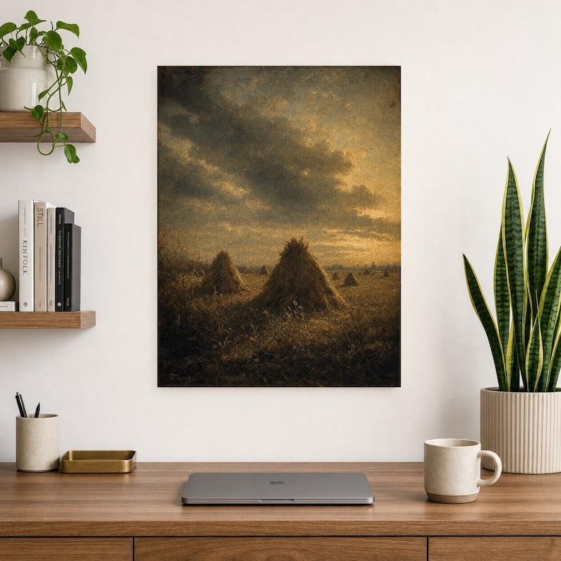 Moody Harvest Field Haystacks Wall Art Print | Vintage Oil Painting Print | Faded Golden Light Tonalist Decor | Antique Farm Poster image 8