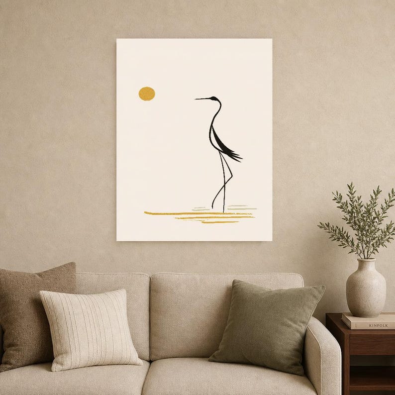 Cream Japandi Crane Wall Art | Zen Line Art Silhouette Poster | Minimalist Nature Gallery Print image 9