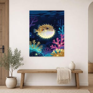 Bioluminescent Pufferfish Poster | Deep Sea Ocean Bathroom Wall Art Print | Dark Coastal Night Print image 14
