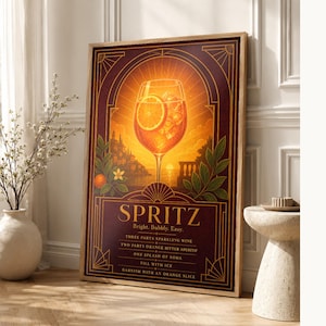 Pomarańczowy Art Deco Aperol Spritz Przepis na ścianę | Plakat z przepisem na złoty koktajl | Druk dekoracyjny wózka barowego | Aperitivo Ar zdjęcie 1