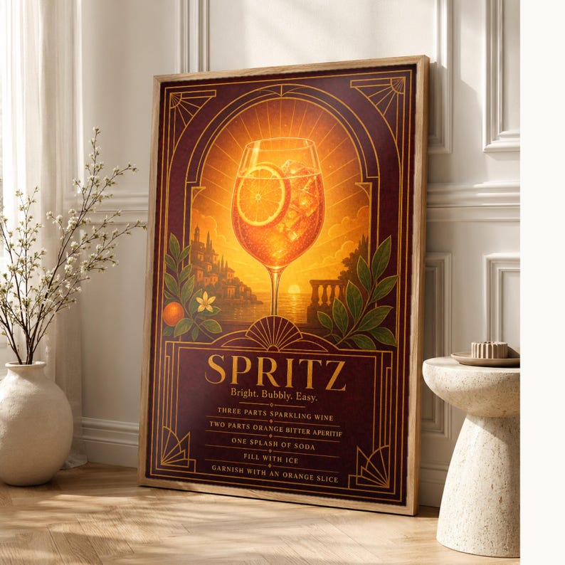 Pomarańczowy Art Deco Aperol Spritz Przepis na ścianę | Plakat z przepisem na złoty koktajl | Druk dekoracyjny wózka barowego | Aperitivo Ar zdjęcie 1