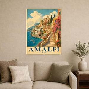 Amalfi Coast Wall Art Print | Italian Village Travel Poster | Positano Pastel Houses Print | Vintage Dolce Vita Decor | Mediterranean Art image 9