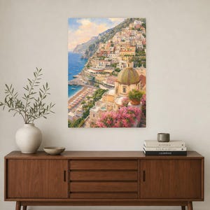 Positano reisposter | Zachte schildering Amalfikust print | Italiaanse muurdecoratie | Kustdecoratie | Gedrukt en verzonden afbeelding 2