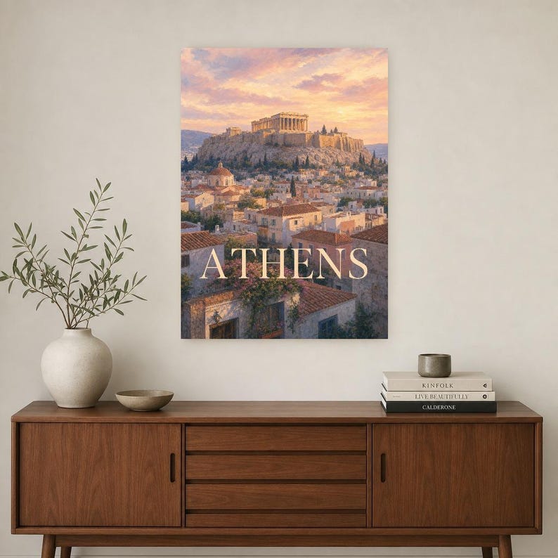 Reisposter Athene | Zachte schildering Griekenland Muurdecoratie | Kunstprint met stadsnaam | Gedrukt en verzonden afbeelding 2