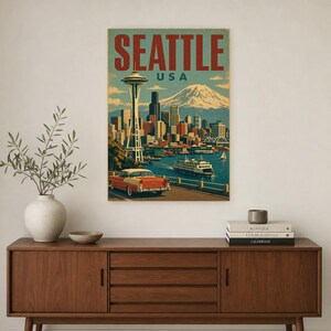 Seattle Travel Poster | Vintage 1950s Space Needle Print | Retro Washington Wall Art | Mid Century City Decor image 2