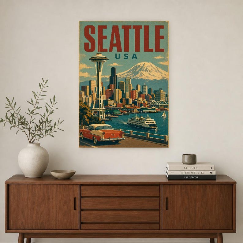 Seattle Travel Poster | Vintage 1950s Space Needle Print | Retro Washington Wall Art | Mid Century City Decor image 2