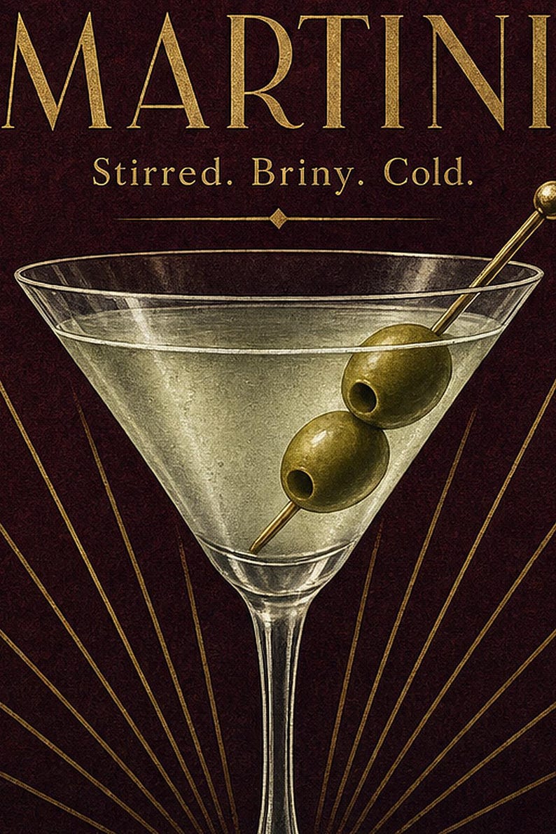 Olive Green Art Deco Dirty Martini Recipe Wall Art Print | Gold Cocktail Recipe Poster | Bar Cart Decor Print | Kitchen Wall Art image 3