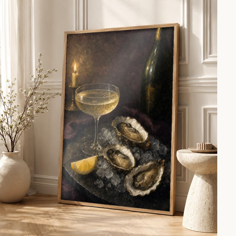 Moody Oysters Champagne Wall Art | Dark Food Still Life Poster | Kitchen Wall Art Print | Aperitivo Art image 1