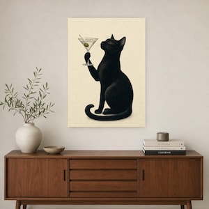 Black Cat Martini Wall Art Print | Olive Cocktail Poster | Bar Cart Print | Funny Black Cat Club Bar Decor image 2