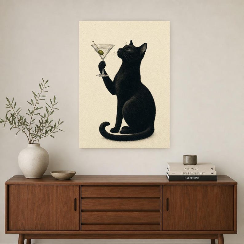 Black Cat Martini Wall Art Print | Olive Cocktail Poster | Bar Cart Print | Funny Black Cat Club Bar Decor image 2