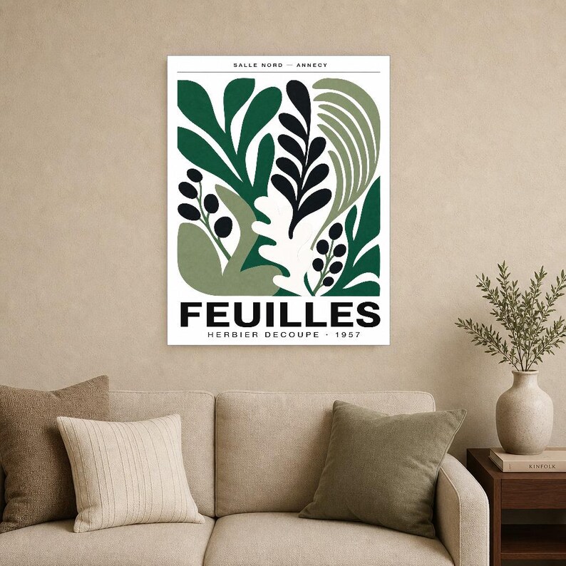 Botanical Cut Paper Exhibition Poster | Forest Green Leaf Wall Art Print | Mid Century Gallery Print | Abstract Matisse Style Poster Decor image 9