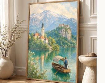 Lake Bled Travel Poster | Soft Painting Slovenia Wall Art | Alpine Island Church Print | Printed & Shipped