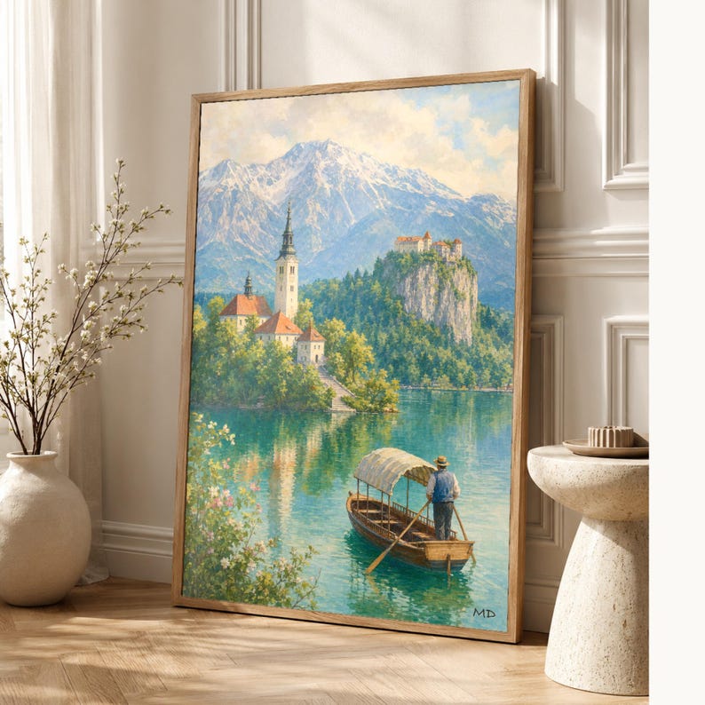 Lake Bled Travel Poster | Soft Painting Slovenia Wall Art | Alpine Island Church Print | Printed & Shipped image 1
