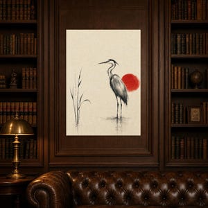 Sztuka ścienna Crimson Sun Japandi | Czapla atramentowa wśród trzcin | Wydruk plakatu z japońskim tuszem zdjęcie 5