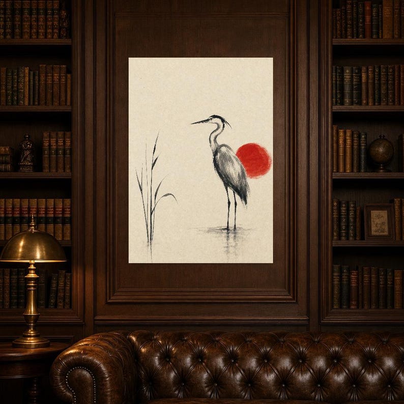 Sztuka ścienna Crimson Sun Japandi | Czapla atramentowa wśród trzcin | Wydruk plakatu z japońskim tuszem zdjęcie 5