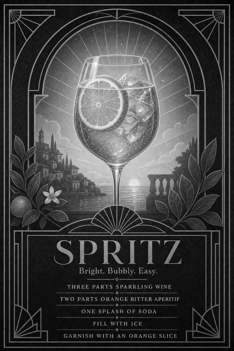 Pomarańczowy Art Deco Aperol Spritz Przepis na ścianę | Plakat z przepisem na złoty koktajl | Druk dekoracyjny wózka barowego | Aperitivo Ar zdjęcie 10