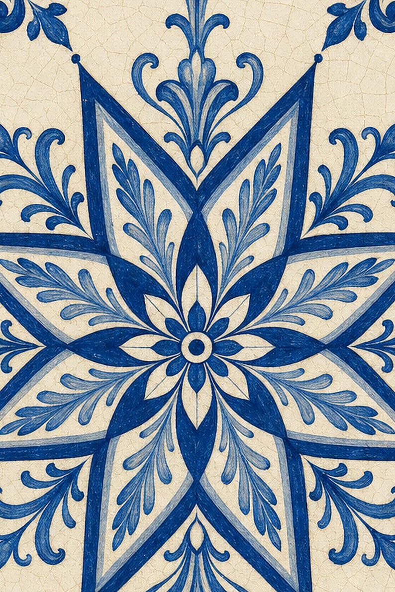Azulejo Tile Wall Art | Classic Blue & White Maiolica Poster | Portuguese Ceramic Print | Mediterranean Kitchen Decor | No Text Boho Art image 3
