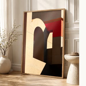 Arte mural de arquitectura brutalista | Póster de arco de hormigón cálido | Lámina geométrica minimalista de mediados de siglo imagen 1