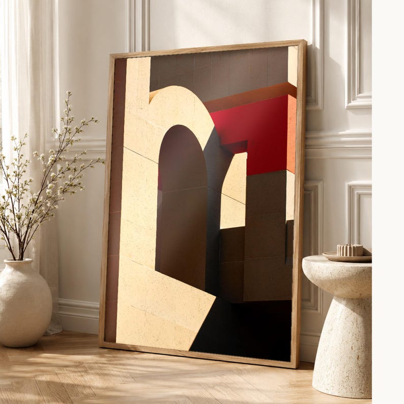 Arte mural de arquitectura brutalista | Póster de arco de hormigón cálido | Lámina geométrica minimalista de mediados de siglo imagen 1