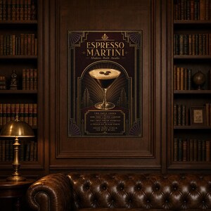 Dark Art Deco Espresso Martini Recipe Wall Art Print | Gold Cocktail Recipe Poster | Bar Cart Decor Print | Kitchen Wall Art image 5