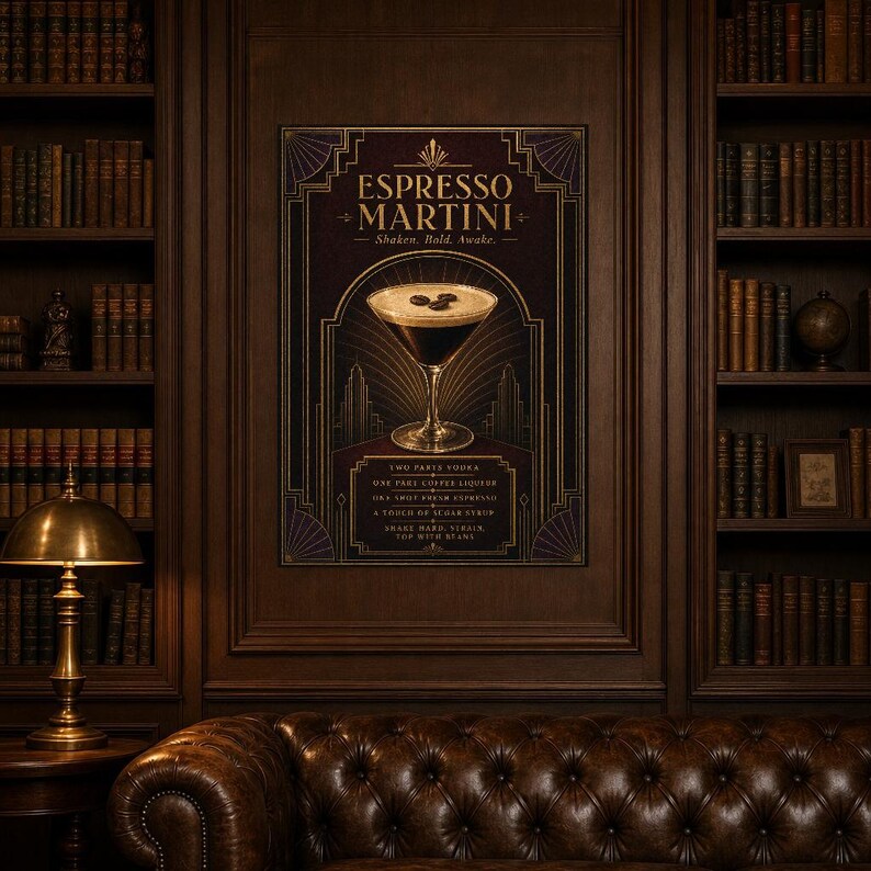 Dark Art Deco Espresso Martini Recipe Wall Art Print | Gold Cocktail Recipe Poster | Bar Cart Decor Print | Kitchen Wall Art image 5